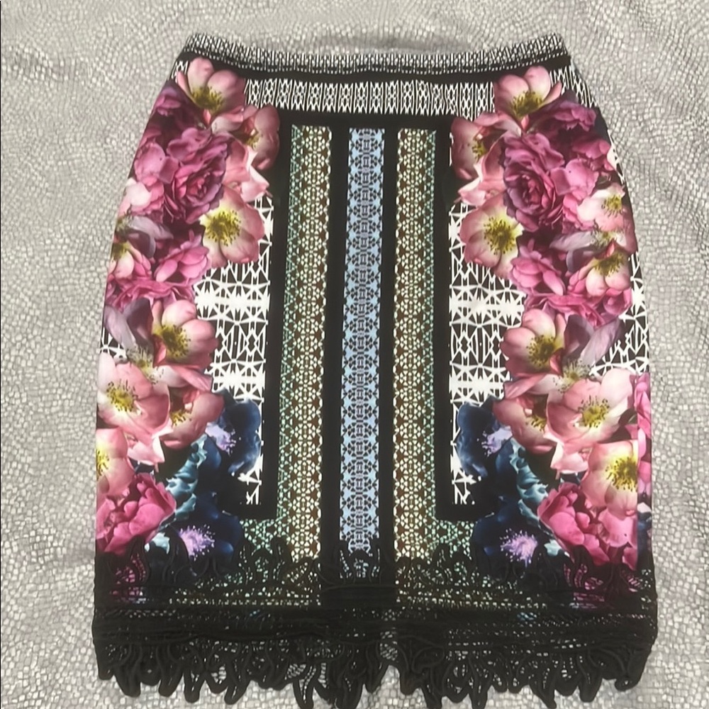 ANTONIO MELANI Pink and Yellow Embellished Pencil Skirt